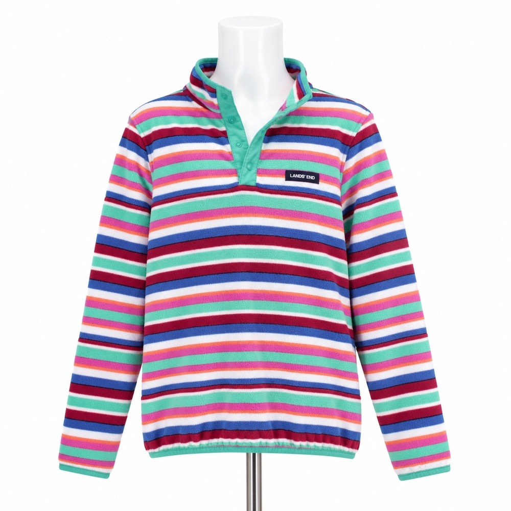 Lands End Fleece Pullover Kids XL 14-16 Multi Striped Snap Neck Long Sleeve Top